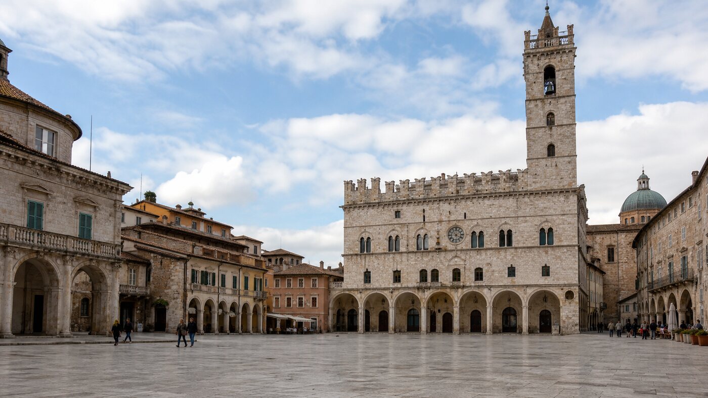 Veduta di Piazza del Popolo e del Palazzo dei Capitani ad Ascoli Piceno