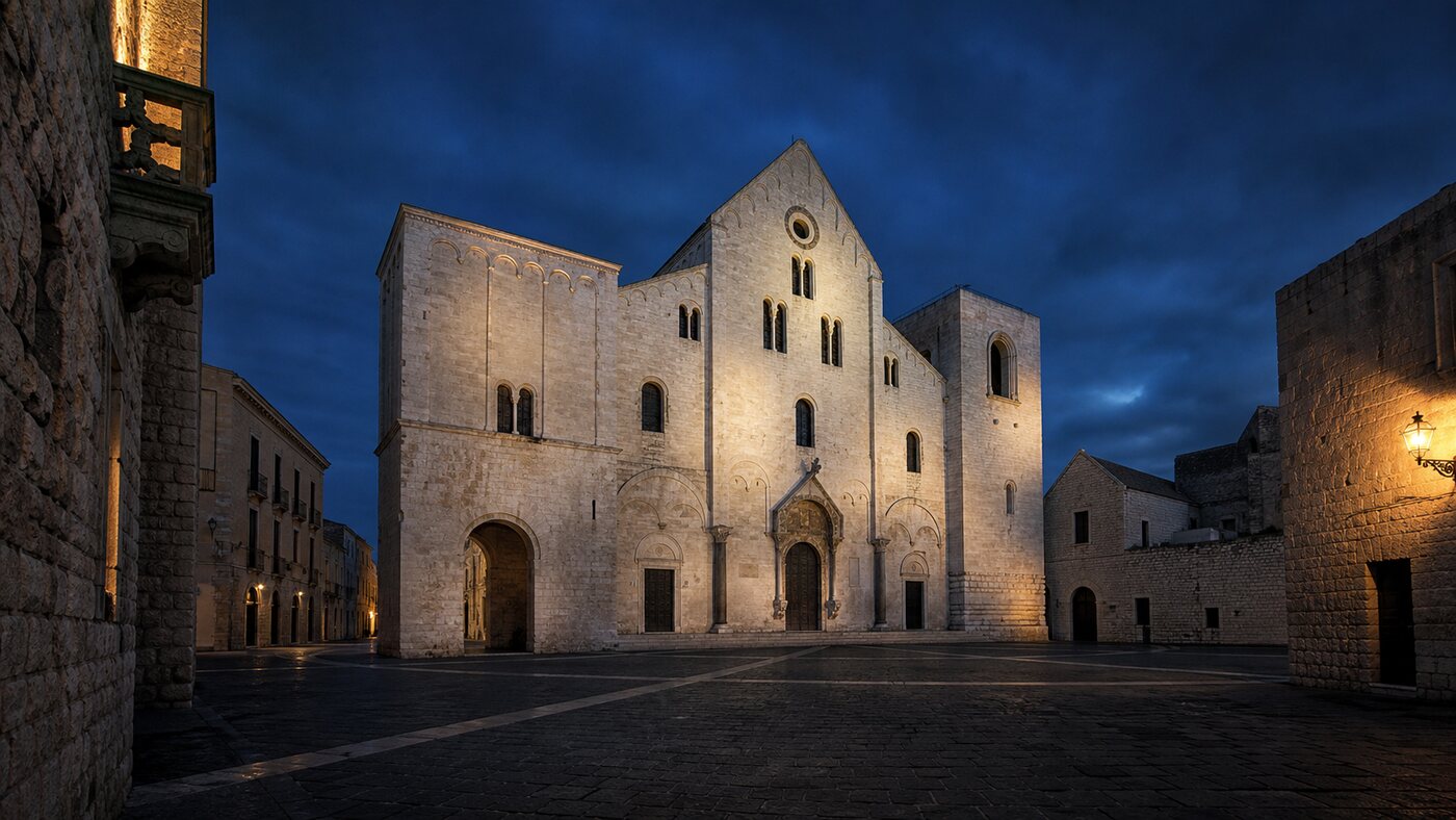 Illustrazione editoriale della Basilica di San Nicola a Bari all’ora blu