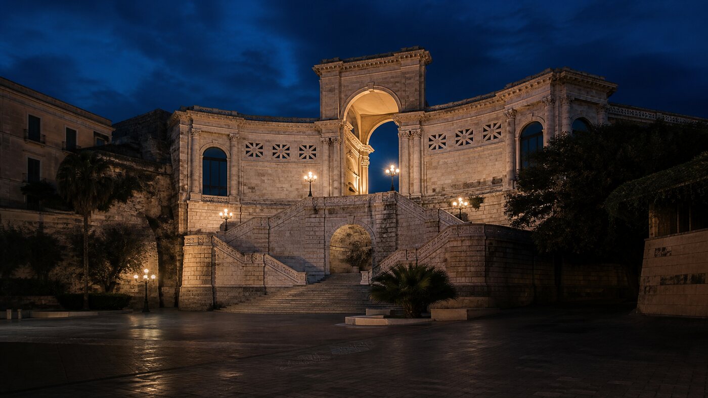 Illustrazione editoriale del Bastione di Saint Remy a Cagliari all’ora blu