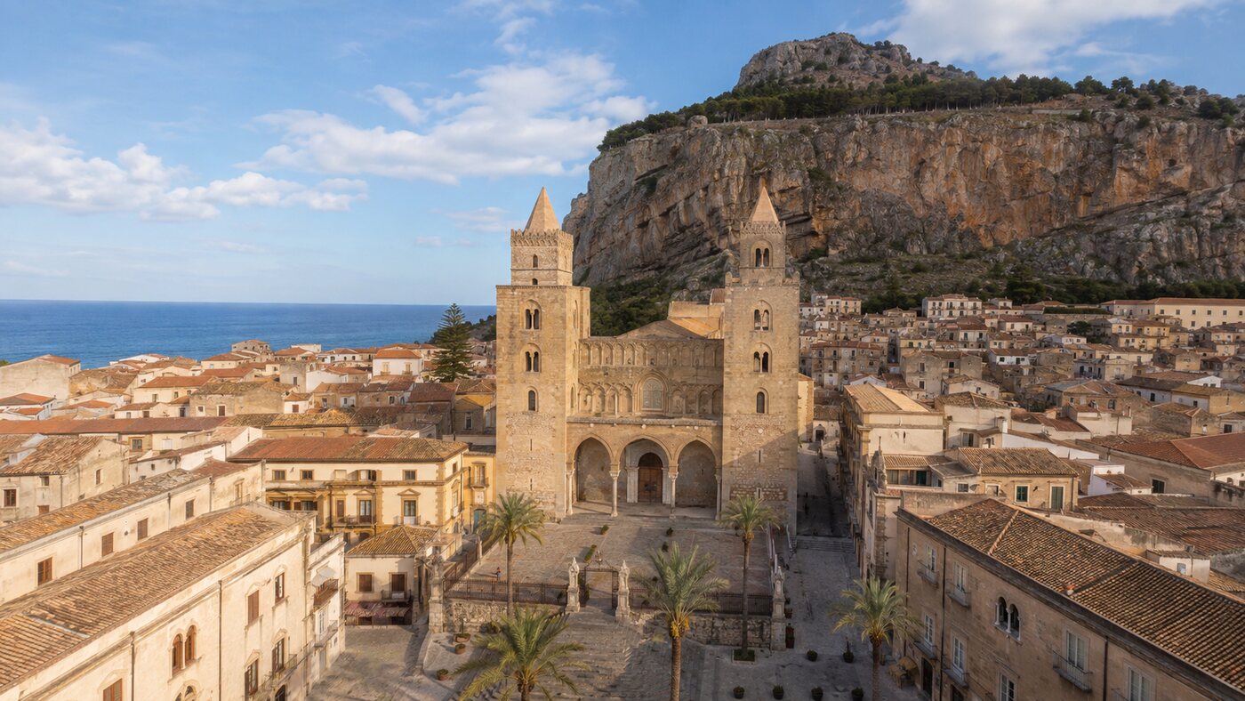 Veduta del Duomo di Cefalù con la Rocca sullo sfondo