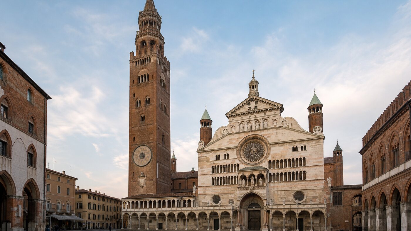Veduta del Torrazzo e del Duomo in Piazza del Comune a Cremona