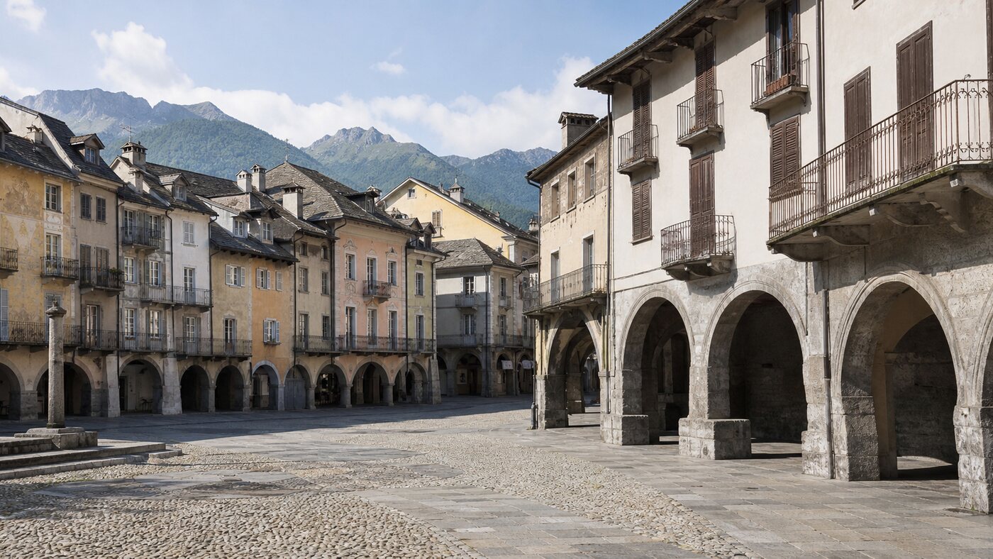 Veduta di Piazza Mercato e dei portici a Domodossola