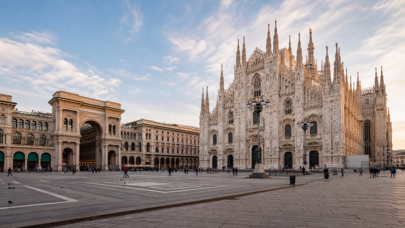 Illustrazione editoriale di Piazza del Duomo e della Galleria Vittorio Emanuele II a Milano