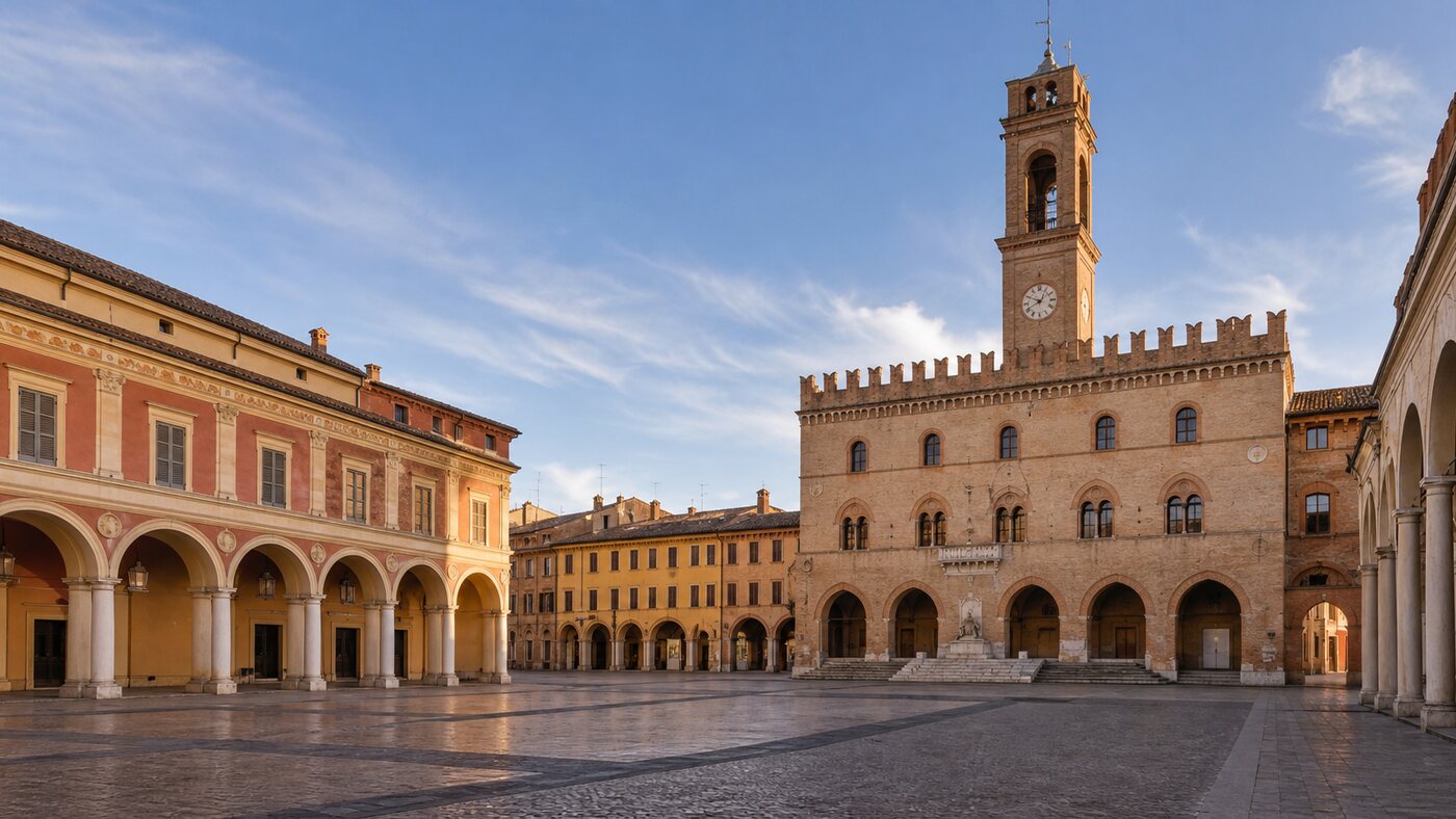 Veduta di Piazza del Popolo e del Palazzo del Podestà a Faenza