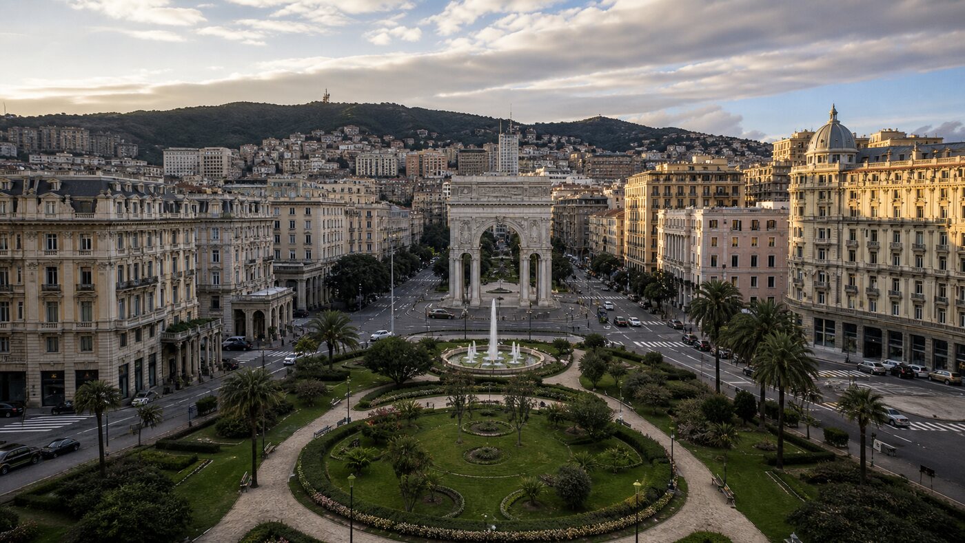 Illustrazione editoriale di Piazza della Vittoria e dell’Arco della Vittoria alla Foce di Genova