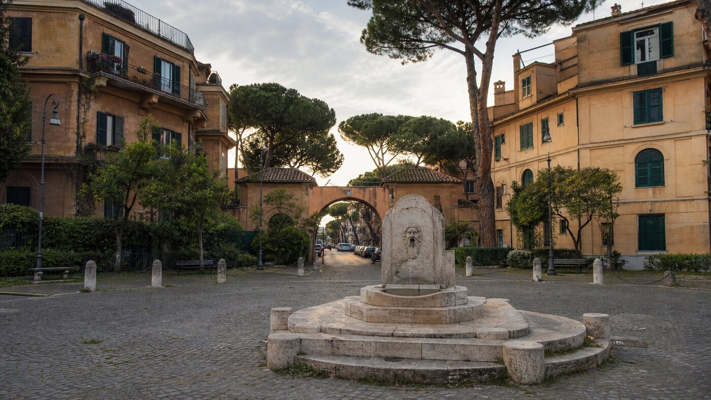 Illustrazione editoriale di Piazza Benedetto Brin nel quartiere Garbatella a Roma