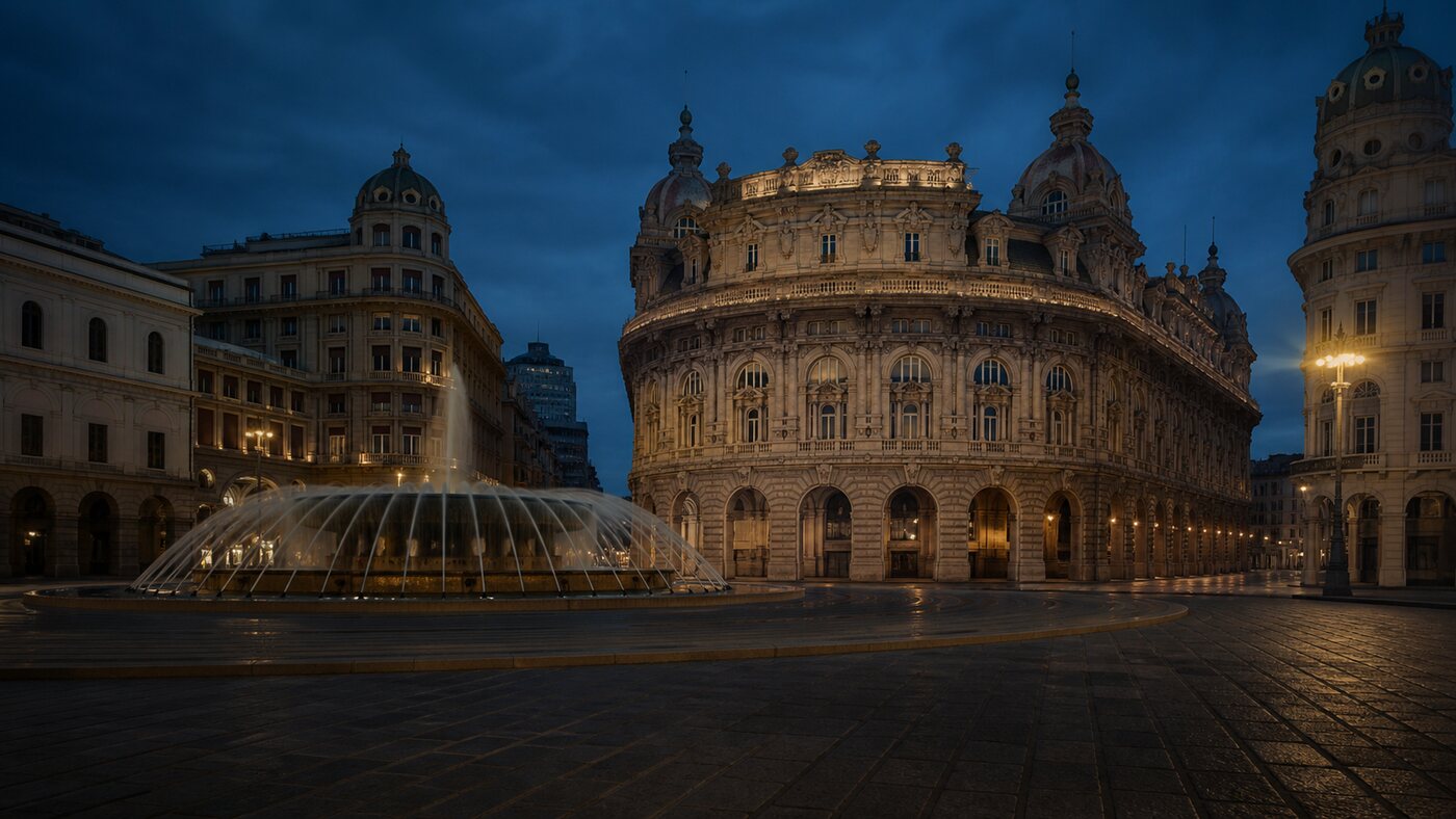 Illustrazione editoriale di Piazza De Ferrari e della fontana monumentale a Genova
