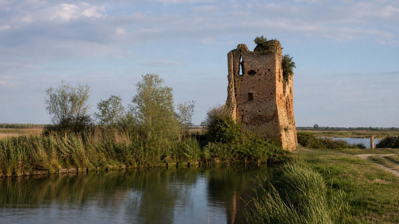 Veduta della Torre del Caligo nel paesaggio fluviale di Jesolo