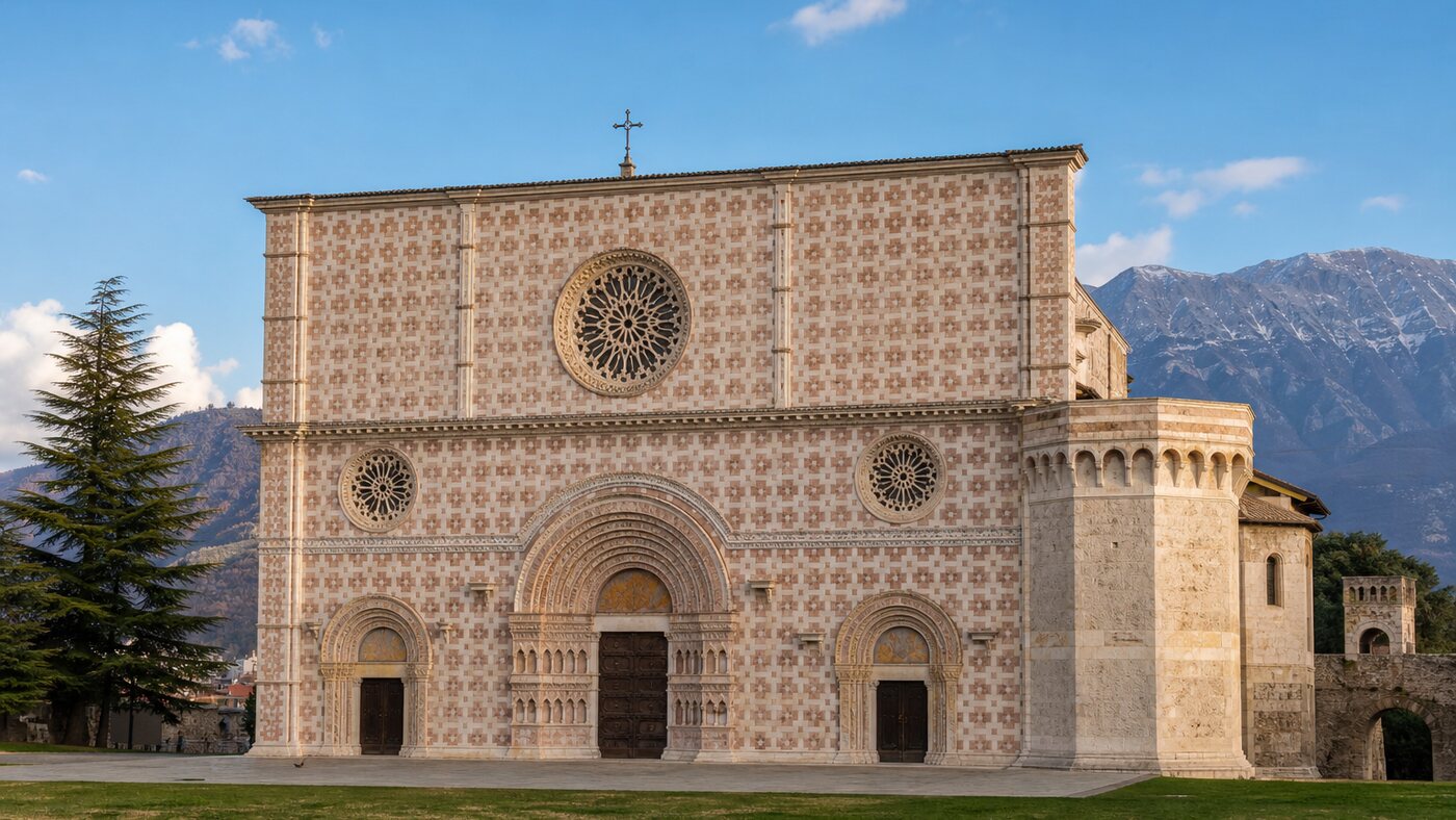 Veduta della Basilica di Santa Maria di Collemaggio a L’Aquila