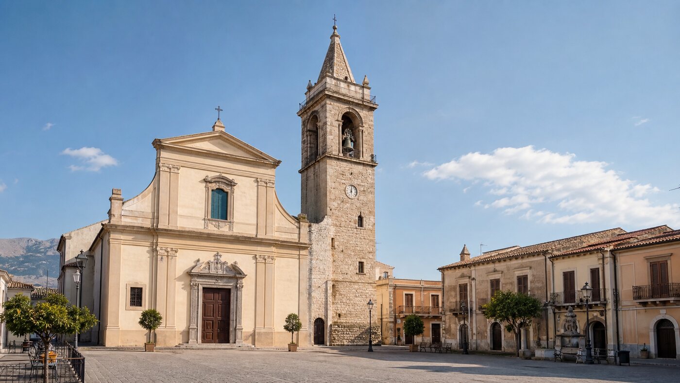 Veduta della Chiesa Madre di San Michele Arcangelo e della torre campanaria a Lascari