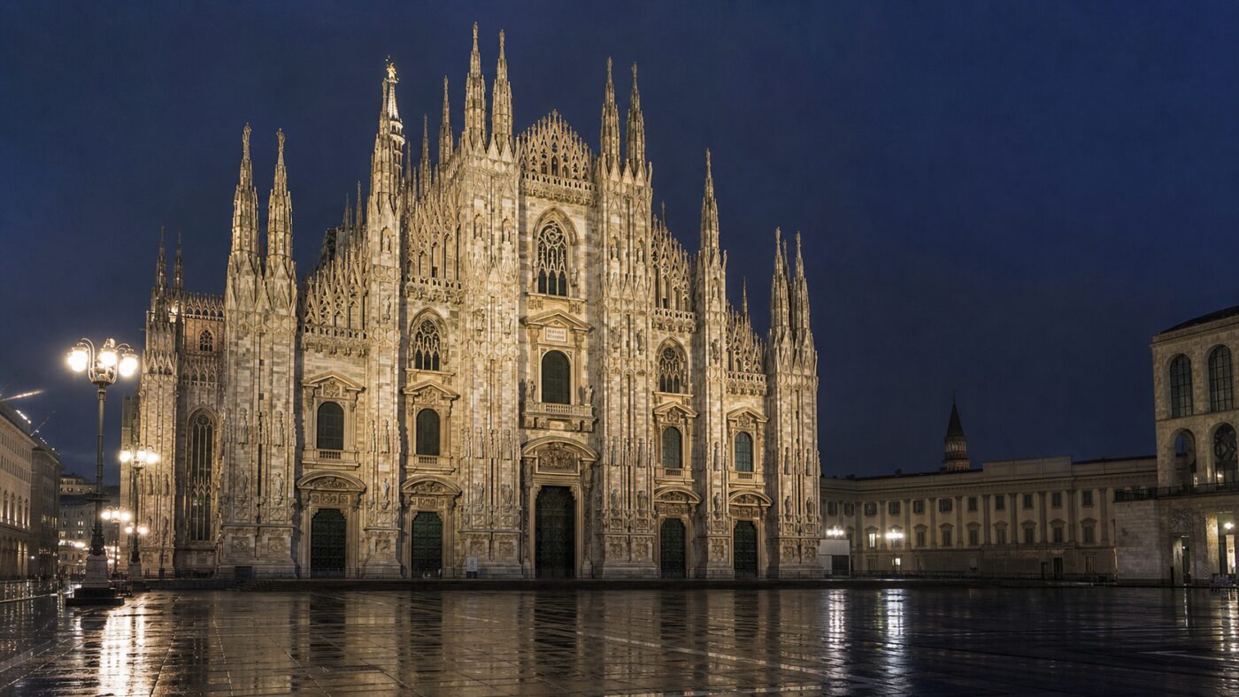 Illustrazione editoriale del Duomo di Milano al crepuscolo