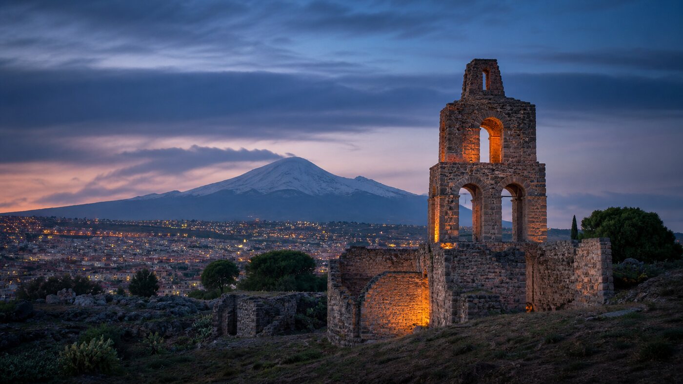 Veduta del Campanarazzu di Misterbianco con l’Etna sullo sfondo