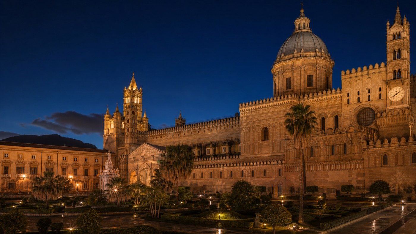 Illustrazione editoriale della Cattedrale di Palermo all’ora blu