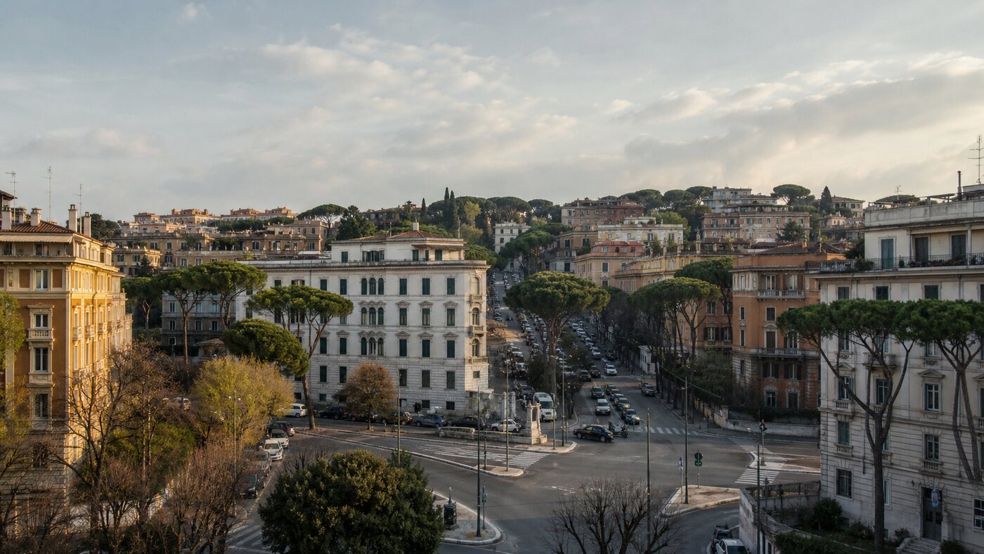 Illustrazione editoriale del quartiere Parioli tra Piazza Euclide e Viale Parioli a Roma
