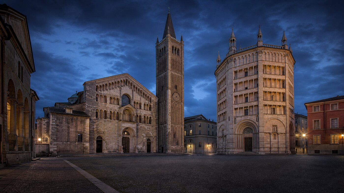 Illustrazione editoriale del Duomo e del Battistero di Parma in Piazza Duomo