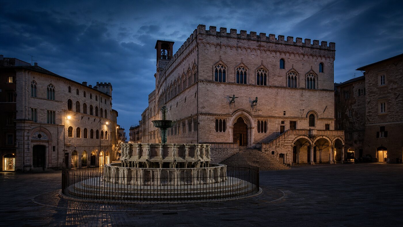 Illustrazione editoriale della Fontana Maggiore e del Palazzo dei Priori a Perugia