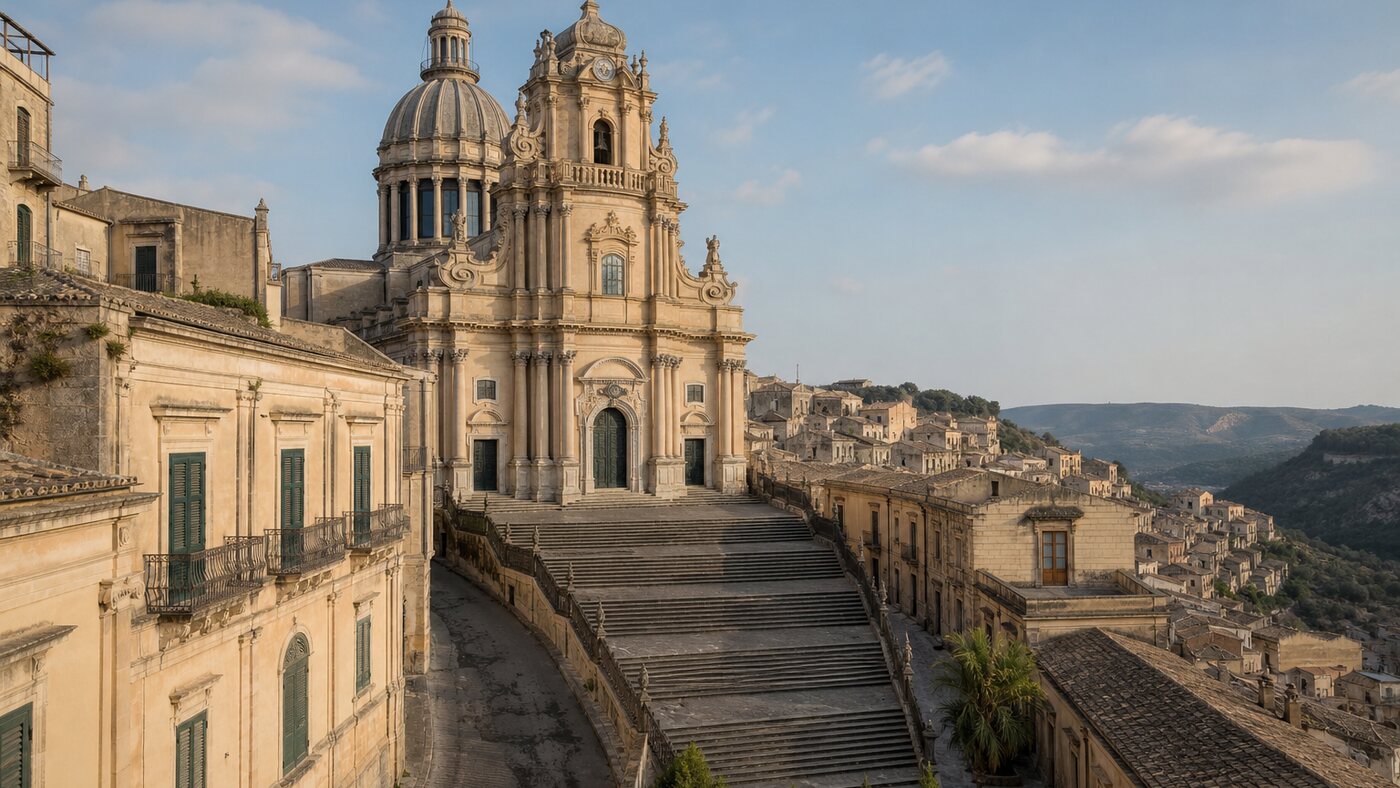 Veduta del Duomo di San Giorgio e della scalinata a Ragusa Ibla