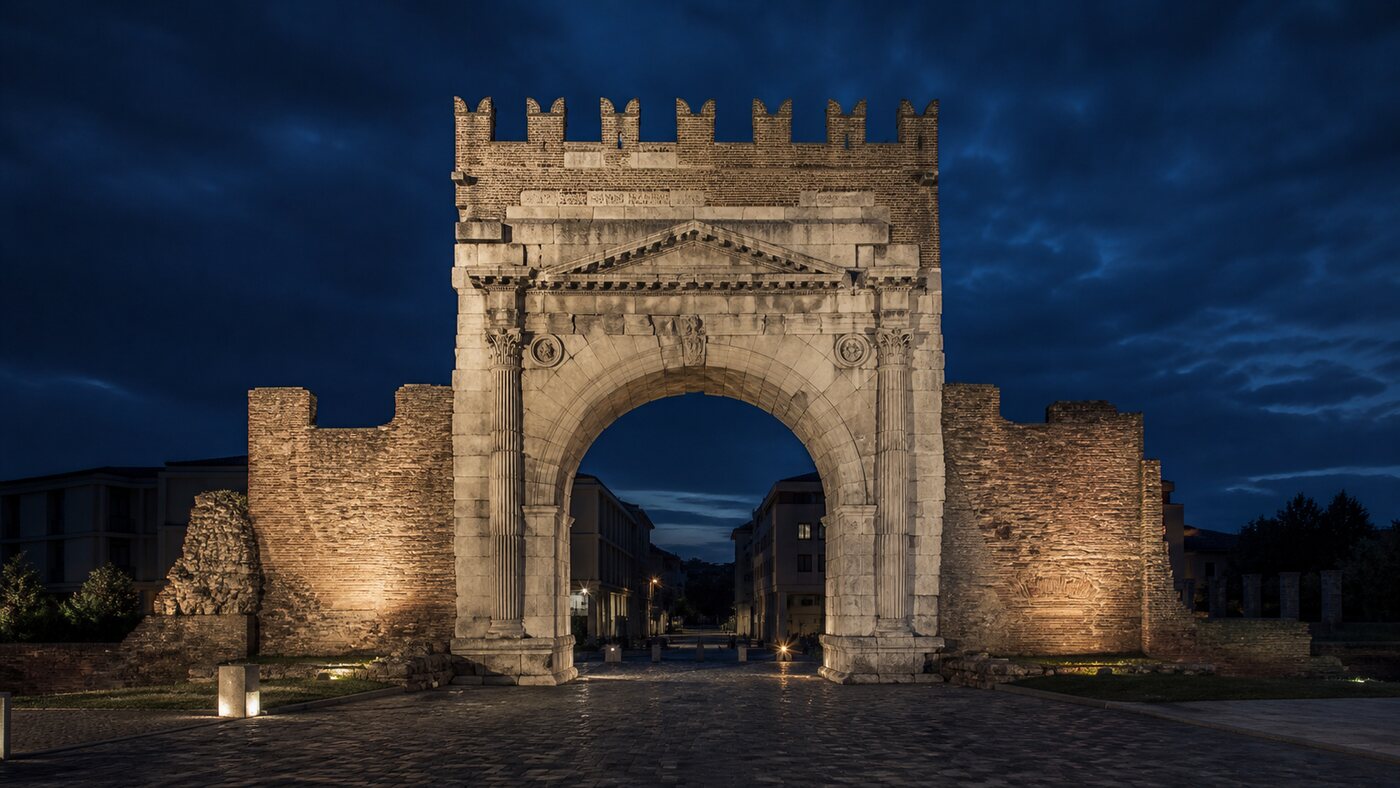 Illustrazione editoriale dell’Arco d’Augusto a Rimini all’ora blu
