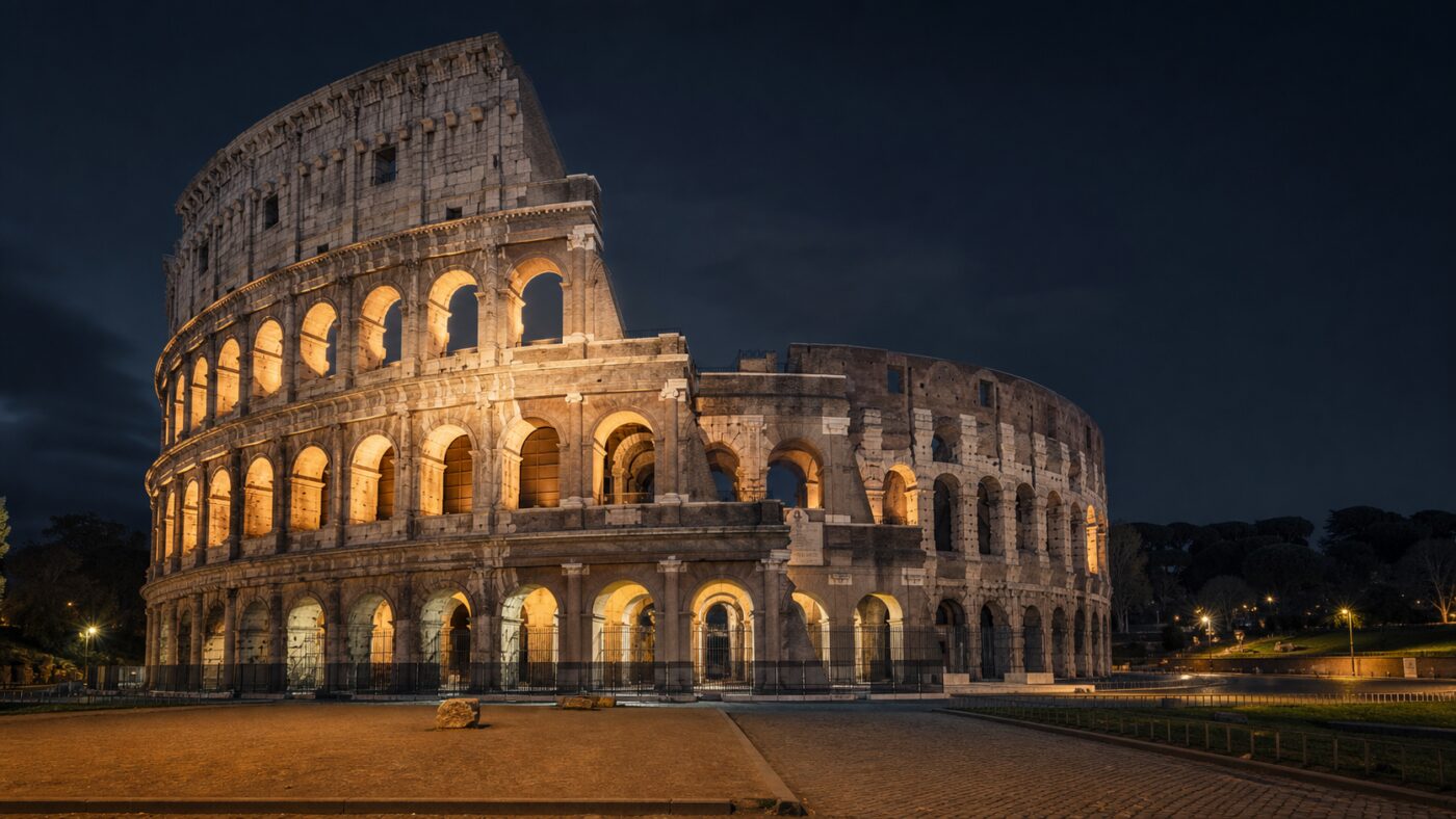 Illustrazione editoriale del Colosseo a Roma al crepuscolo