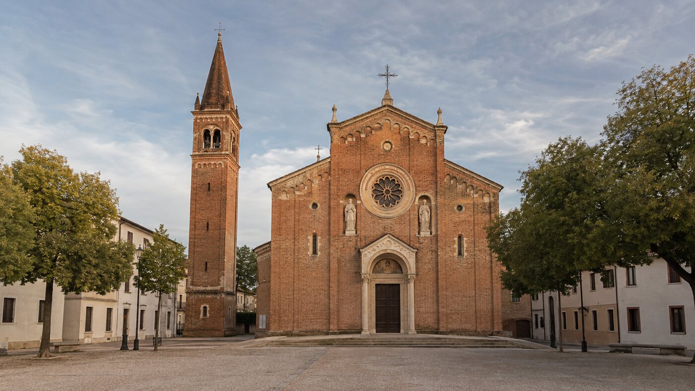 Veduta della chiesa parrocchiale e del campanile a Spresiano